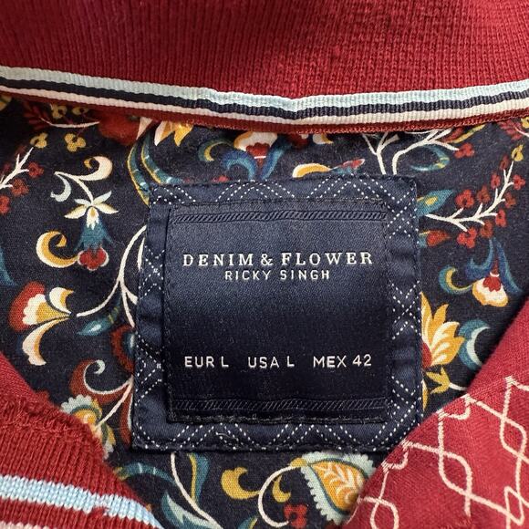 Denim And Flower Ricky Singh Red Patterned Polo 100% Cotton L - Picture 5 of 13
